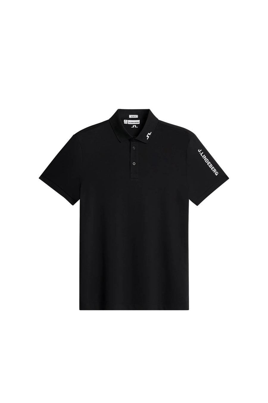 Black polo shirt with brand logo on a white background