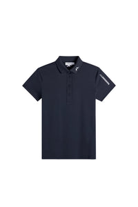 Navy blue polo shirt with brand logo on a white background
