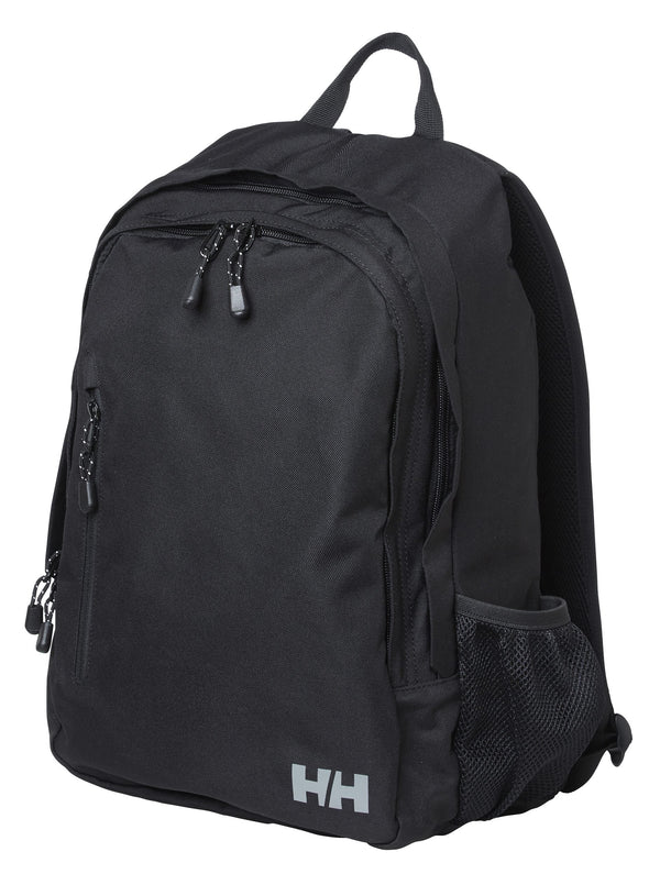 Black backpack with visible branding on a white background
