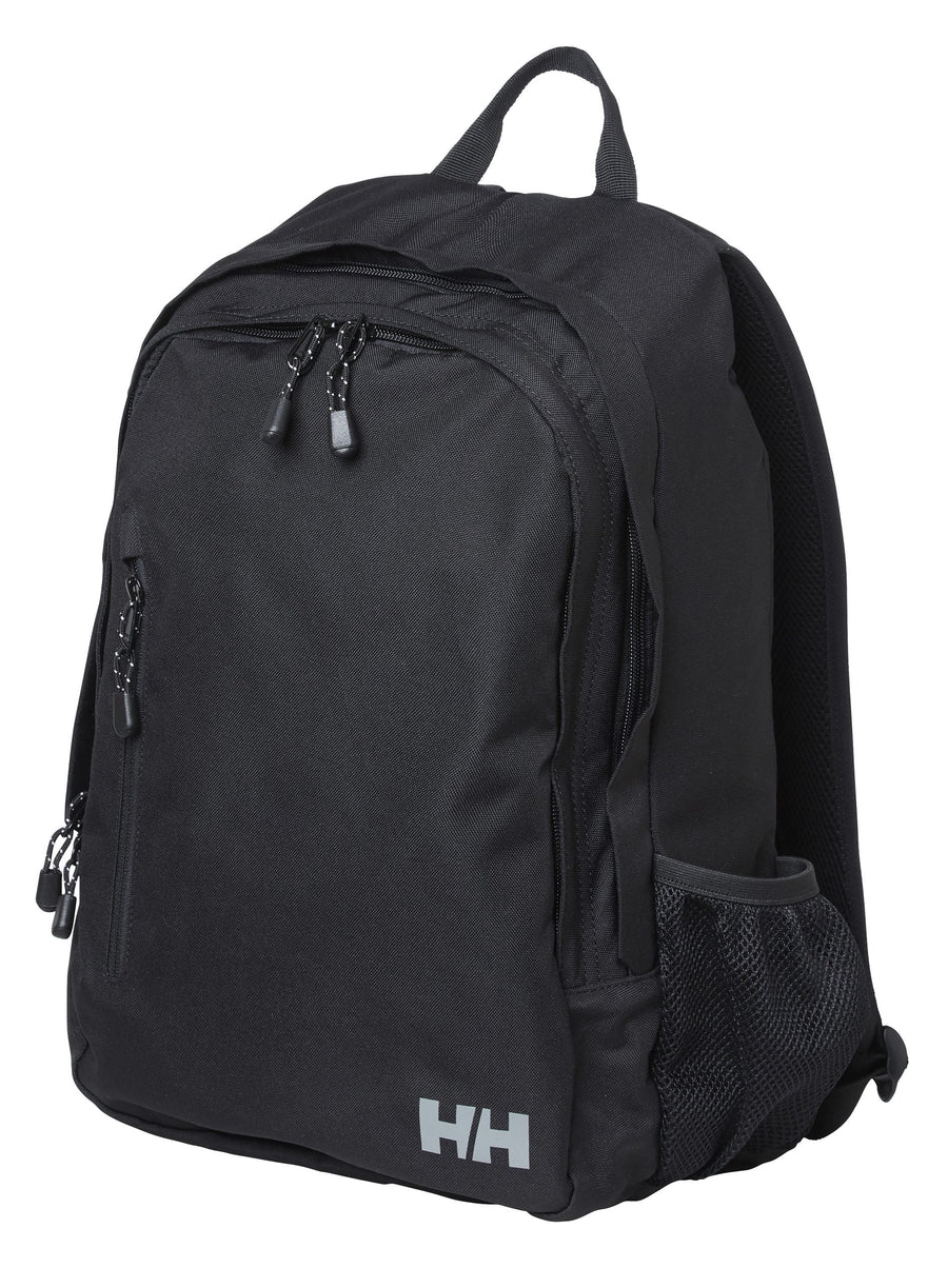 Black backpack with visible branding on a white background