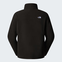 Black fleece jacket with a brand logo on the back against a white background