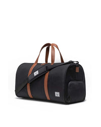 Black duffel bag with brown straps on a white background