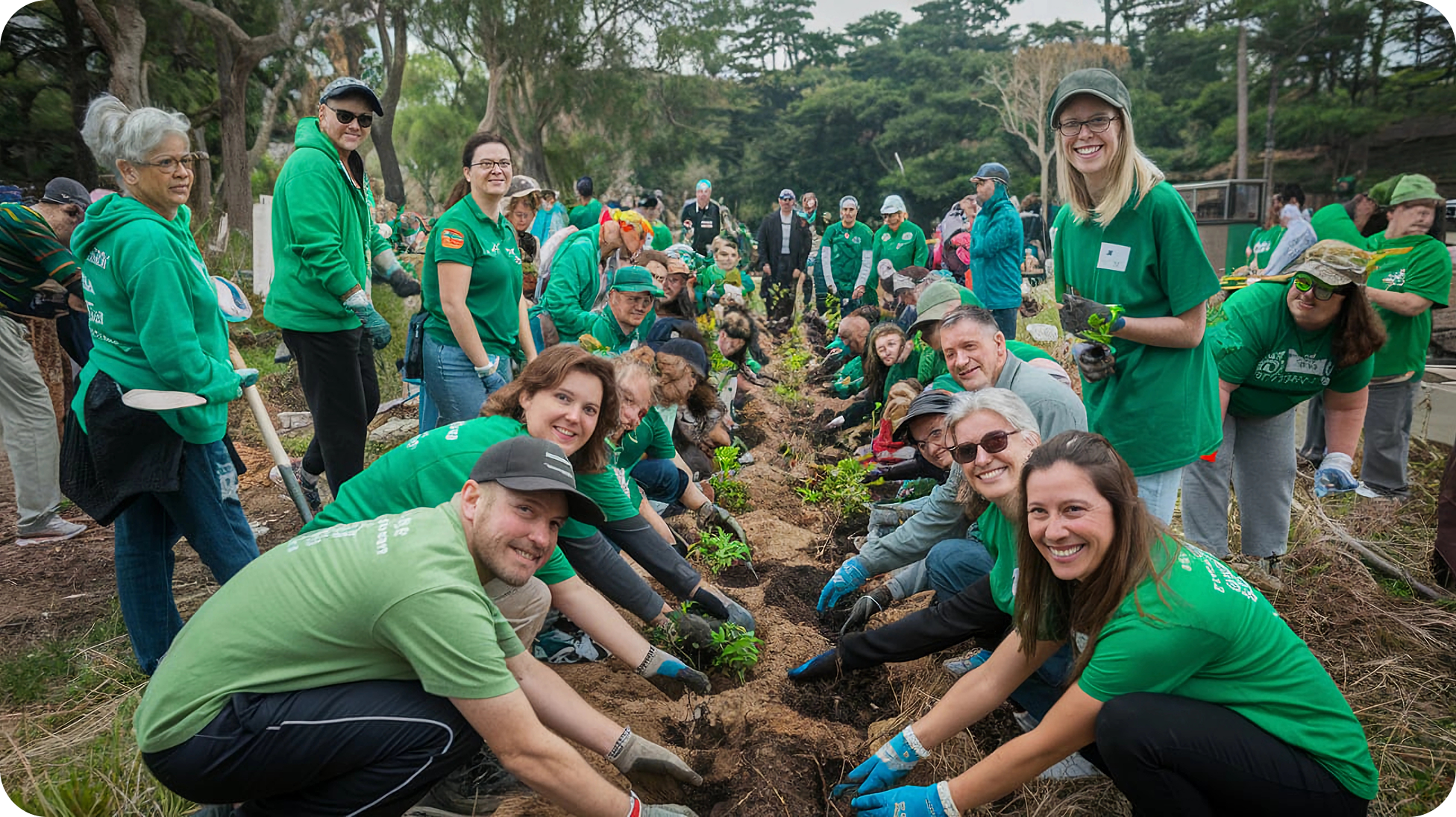 Roody team and community volunteers planting trees as part of sustainable one-tree-per-item initiative