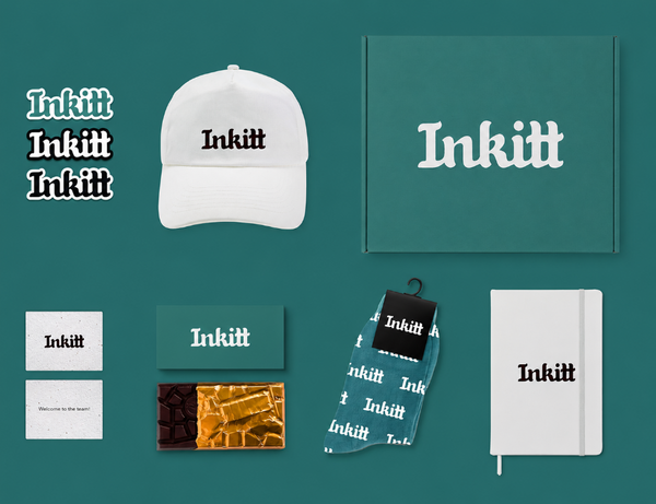 Collection of Inkitt branded items including a cap, socks, notebook, and business cards on a teal background.