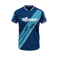 Blue sports jersey with a brand logo on a white background