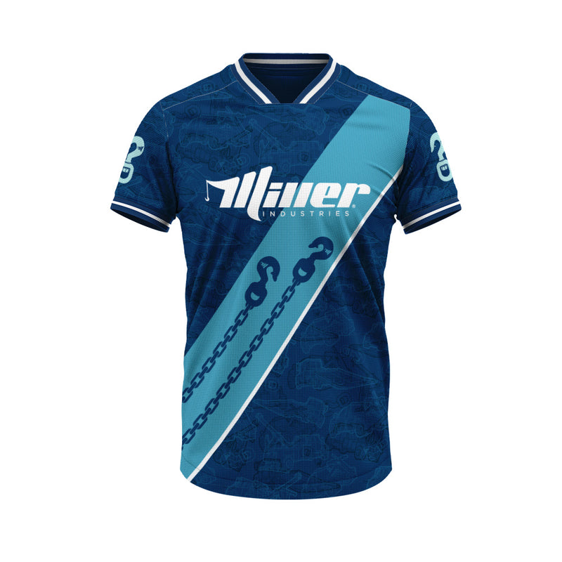 Blue sports jersey with a brand logo on a white background