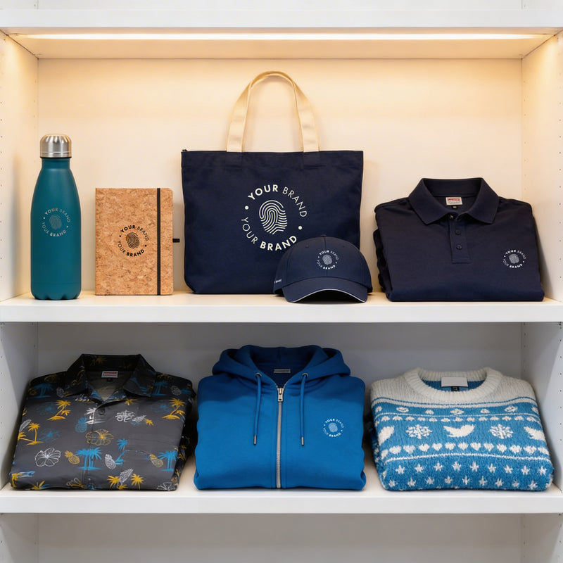 Collection of branded clothing and accessories on a shelf