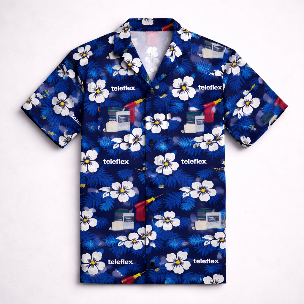 Blue floral patterned shirt with 'teleflex' branding on a white background