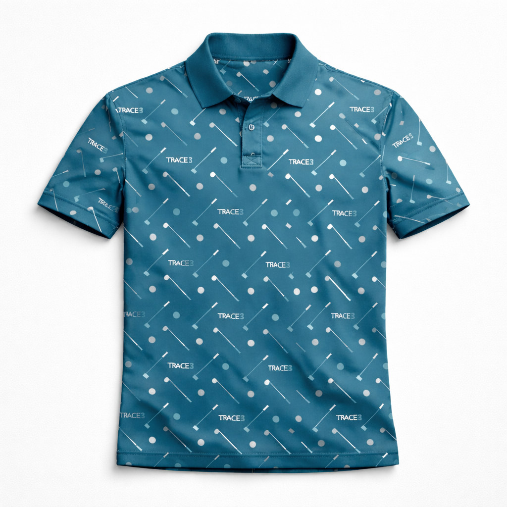 Blue polo shirt with white pattern on a white background