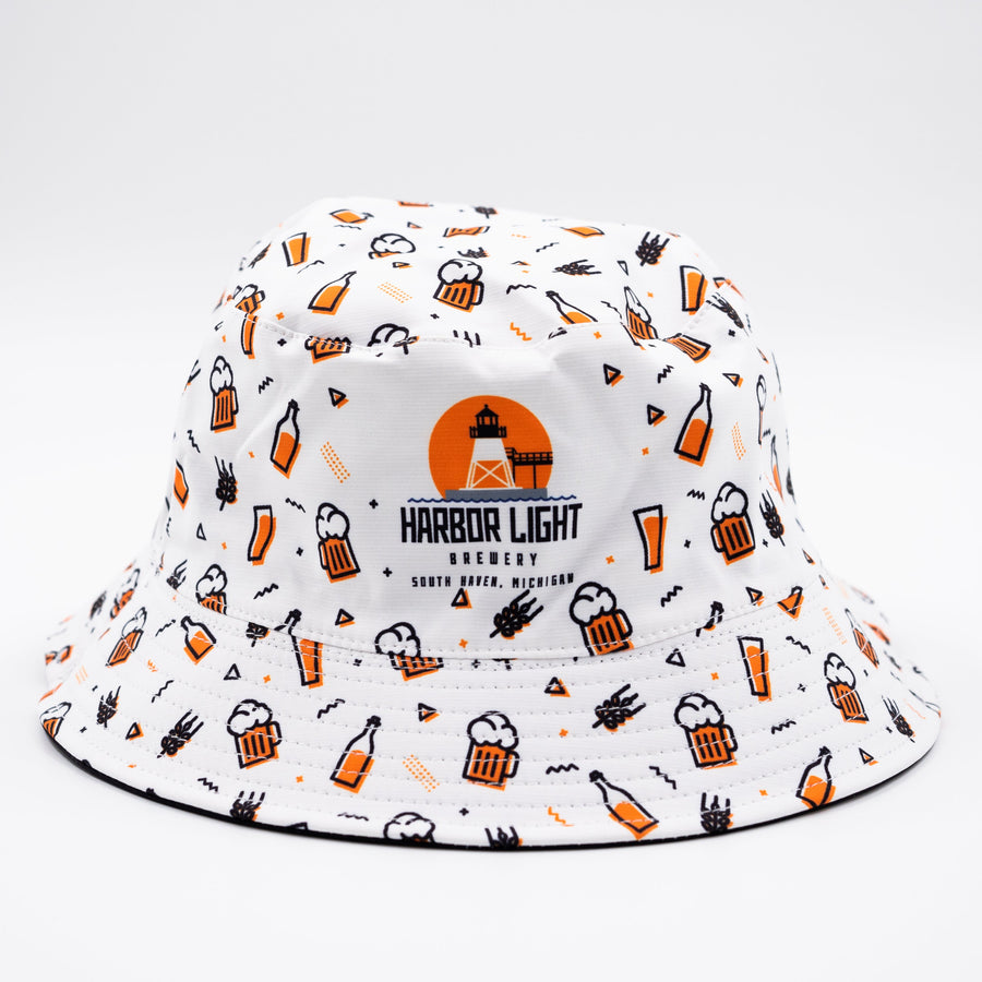 Custom all-over print bucket hat for Harbor Light Brewery with branded pattern – Roody custom bucket hats Ireland