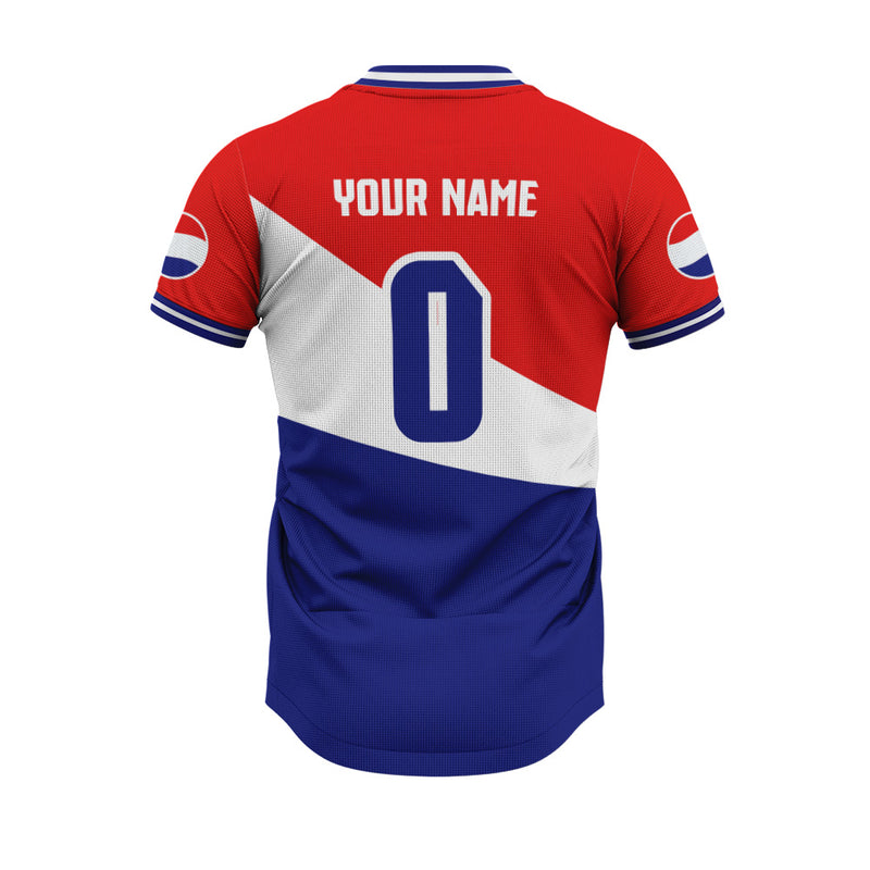 Red, white, and blue sports jersey with customizable text on a white background