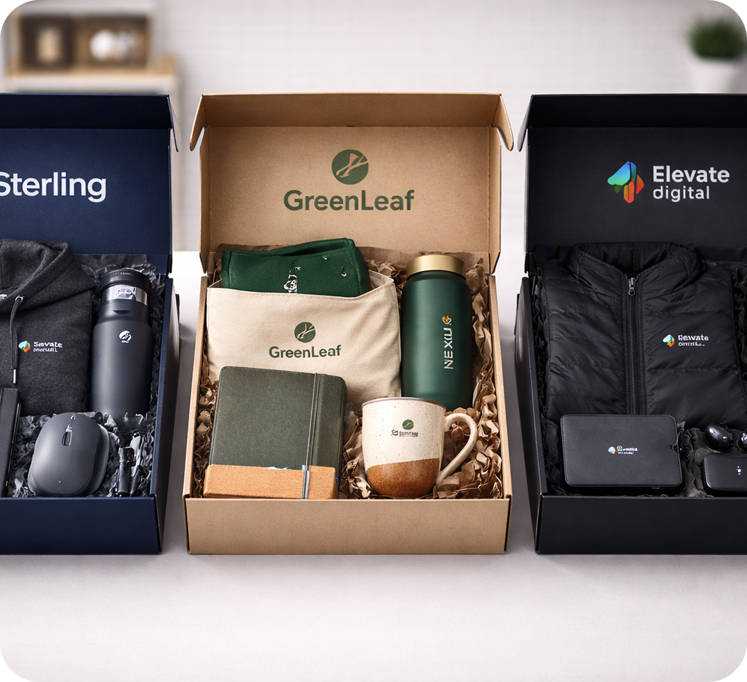 Three branded gift boxes with various items including a mug, notebook, and water bottle.