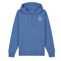 Custom branded blue pullover hoodie with company logo on chest

