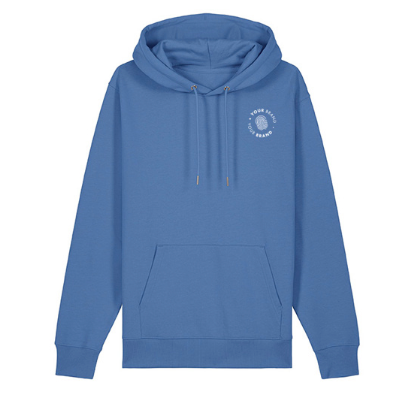 Custom branded blue pullover hoodie with company logo on chest
