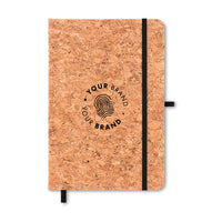 Custom branded eco cork notebook with elastic closure band and company logo on cover
