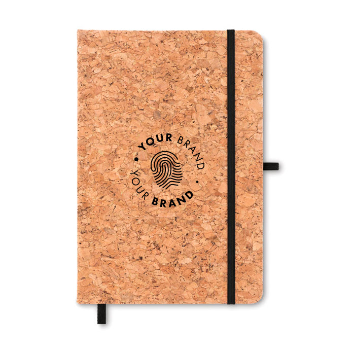Custom branded eco cork notebook with elastic closure band and company logo on cover
