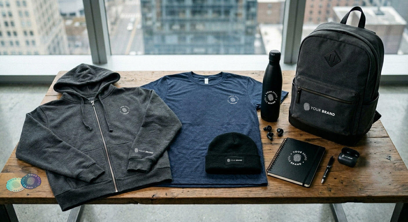 Collection of branded clothing and accessories on a wooden table with a cityscape background