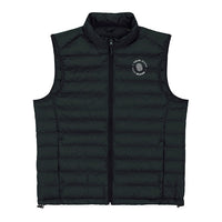 Custom branded black padded puffer vest with company logo on chest
