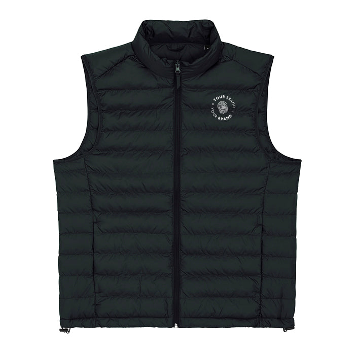 Custom branded black padded puffer vest with company logo on chest

