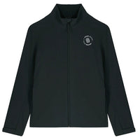 Custom branded black full-zip track jacket with company logo on chest

