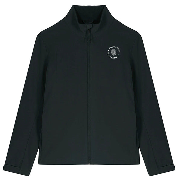 Custom branded black full-zip track jacket with company logo on chest
