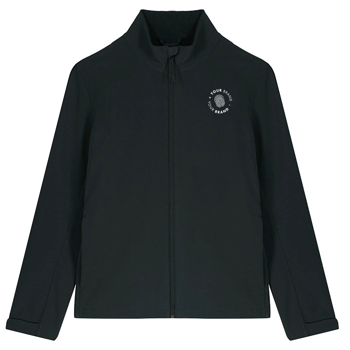 Custom branded black full-zip track jacket with company logo on chest
