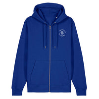 Custom branded royal blue zip-up hoodie with company logo on chest
