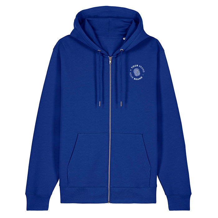 Custom branded royal blue zip-up hoodie with company logo on chest
