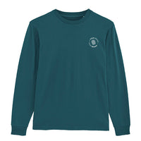 Custom branded teal crewneck sweatshirt with company logo on chest
