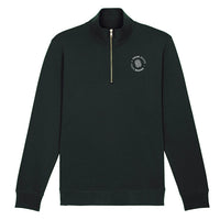 Custom branded black quarter-zip sweatshirt with company logo on chest
