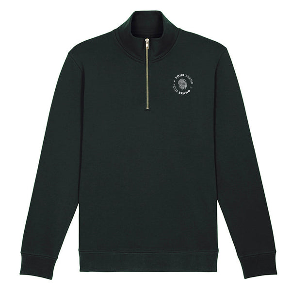 Custom branded black quarter-zip sweatshirt with company logo on chest

