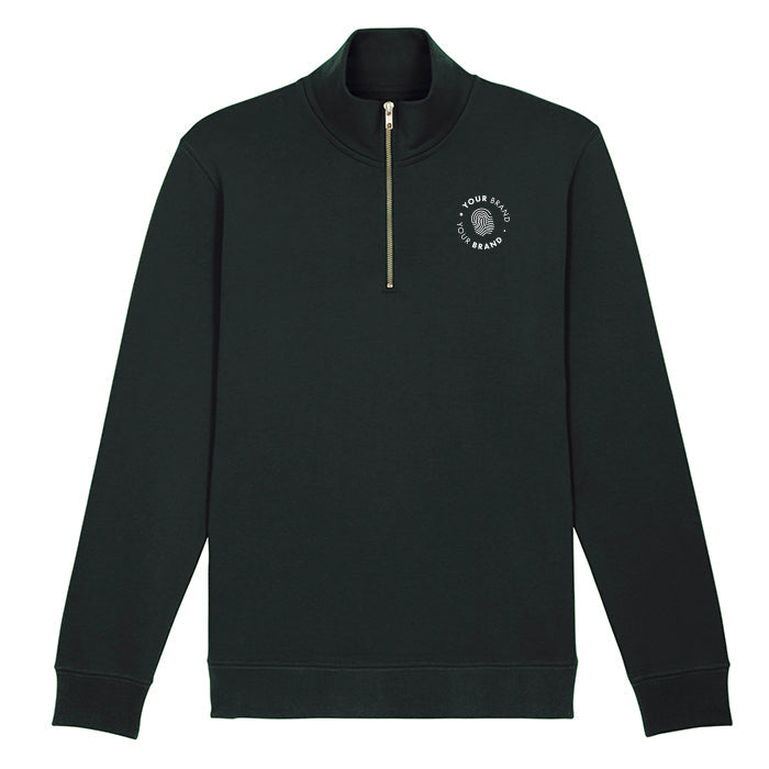 Custom branded black quarter-zip sweatshirt with company logo on chest

