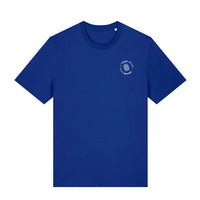 Custom branded royal blue t-shirt with company logo on chest
