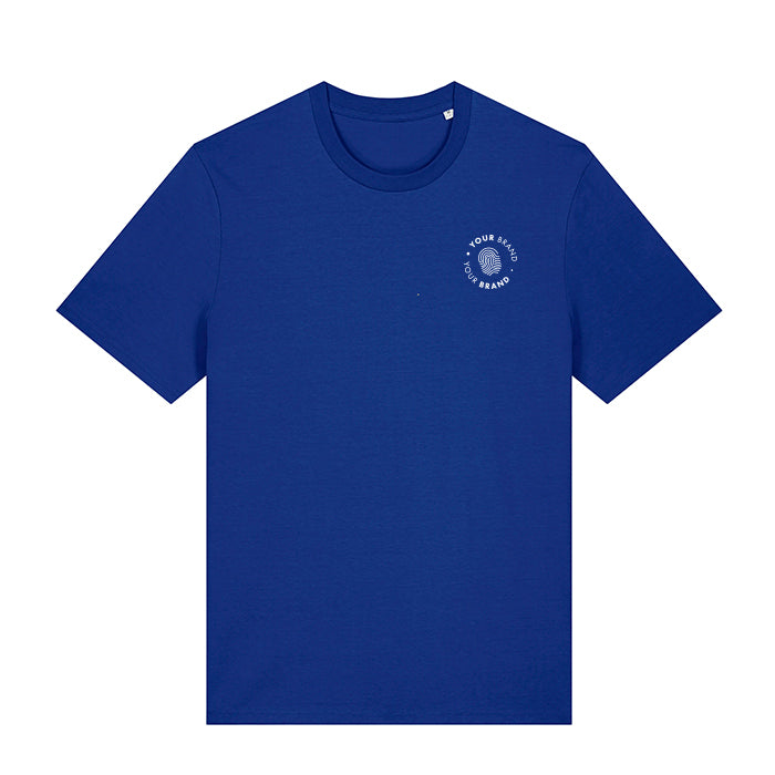 Custom branded royal blue t-shirt with company logo on chest
