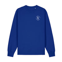 Custom branded royal blue crewneck sweatshirt with company logo on chest
