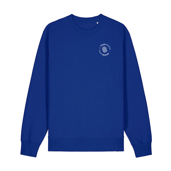 Custom branded royal blue crewneck sweatshirt with company logo on chest
