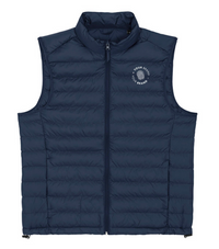 Navy puffer vest with a brand logo on a white background