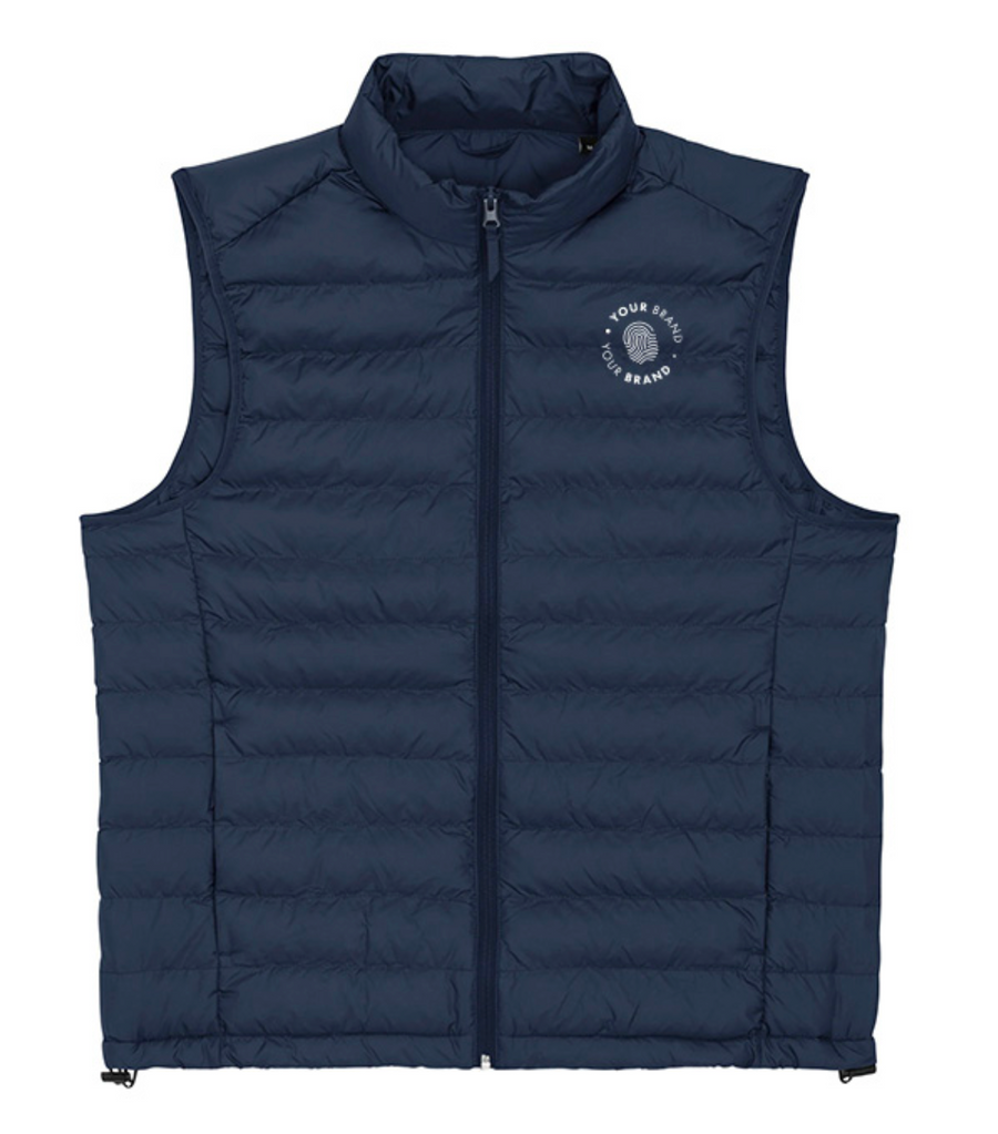 Navy puffer vest with a brand logo on a white background