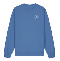 Blue sweatshirt with a logo on a white background