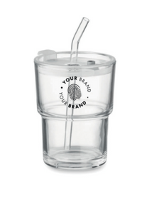 Custom branded clear glass tumbler with straw and company logo – Roody promotional drinkware Ireland
