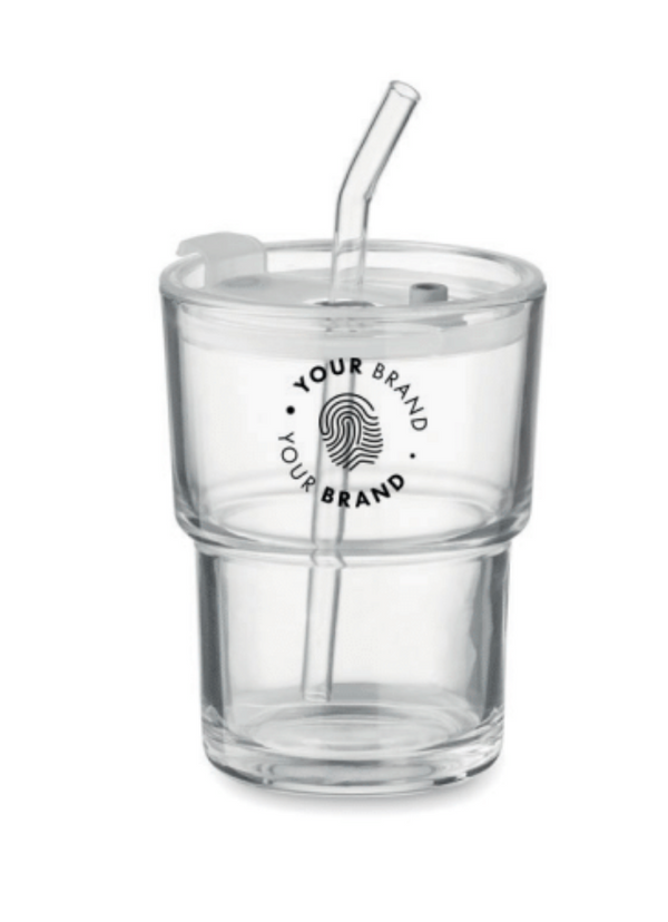 Custom branded clear glass tumbler with straw and company logo – Roody promotional drinkware Ireland