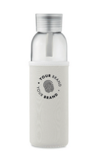 Glass water bottle with branded fabric sleeve