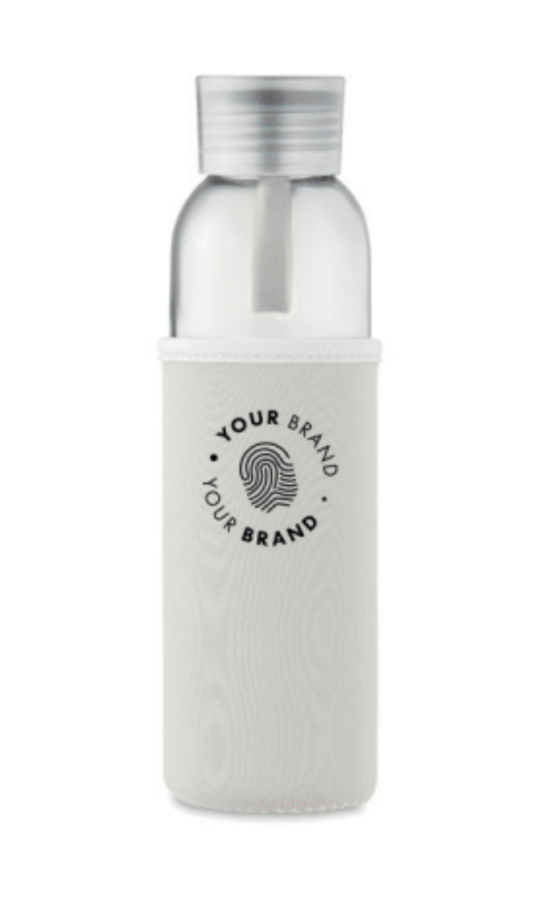 Glass water bottle with branded fabric sleeve
