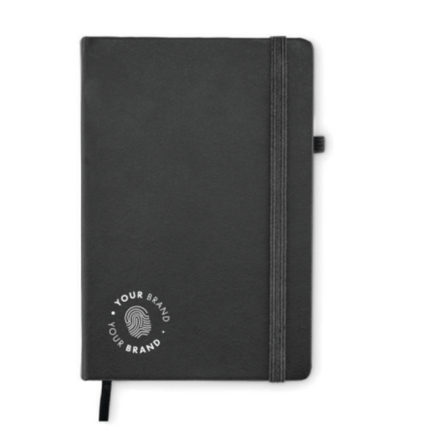 Custom branded black hardcover notebook with elastic closure band and company logo on cover
