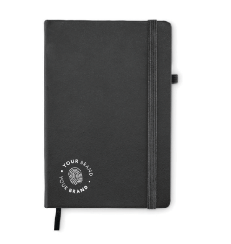 Custom branded black hardcover notebook with elastic closure band and company logo on cover
