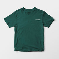 Custom branded dark green t-shirt with Roody logo – sustainable custom apparel Ireland