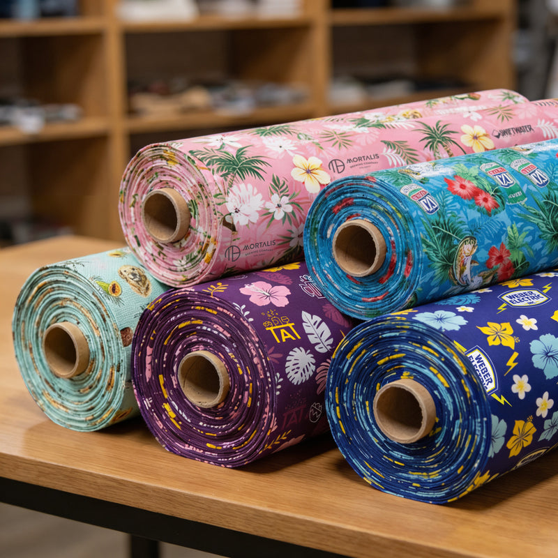 Rolls of colorful fabric with floral patterns on a wooden shelf.