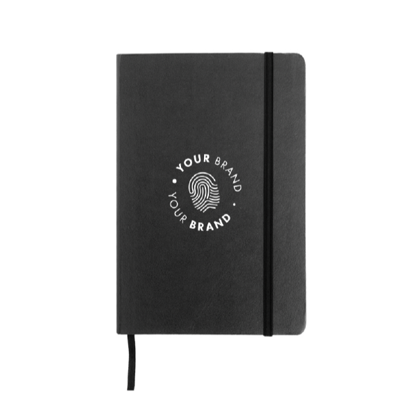 Custom branded black notebook with embossed company logo – Roody promotional products Ireland