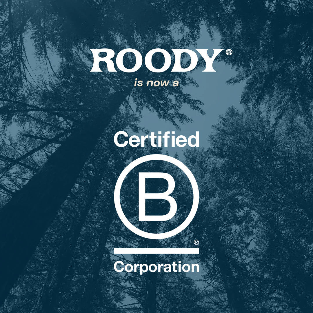 Roody logo with Certified B Corporation certification on a forest background