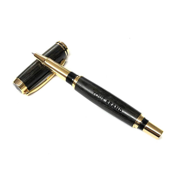 Custom branded luxury black and gold rollerball pen with company name engraved on barrel
